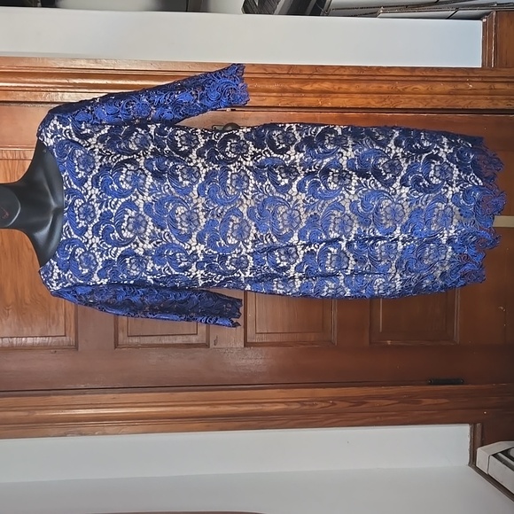 Eliza J. Royal Collection Blue Lace Overlay Low-back Sheath US 12 - Picture 4 of 10